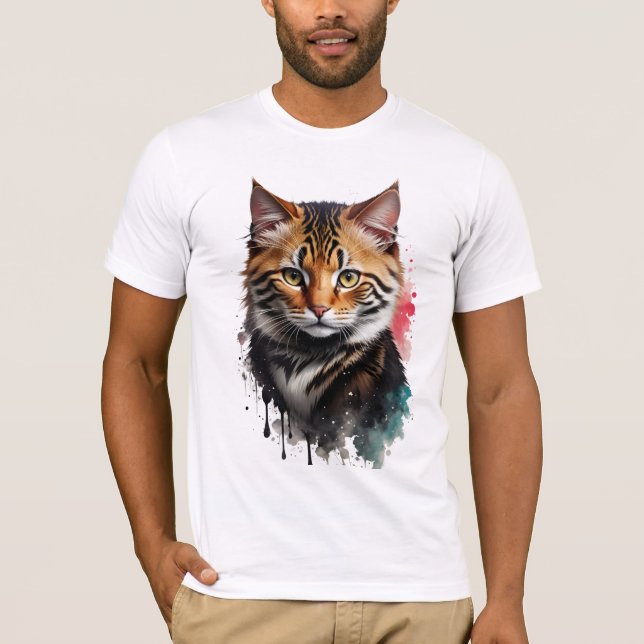 Feline Beige Tiger-Striped Cat Watercolor Splash T-Shirt (Front)