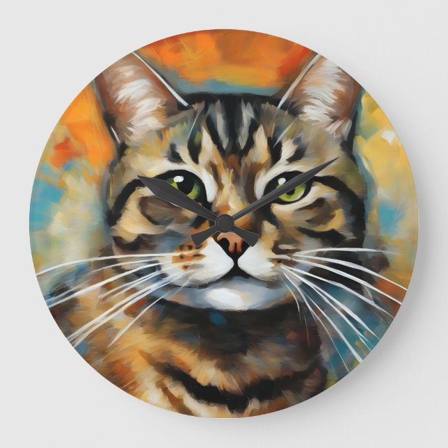 Feline Expressionnist Taby cat Abstract Large Clock (Front)