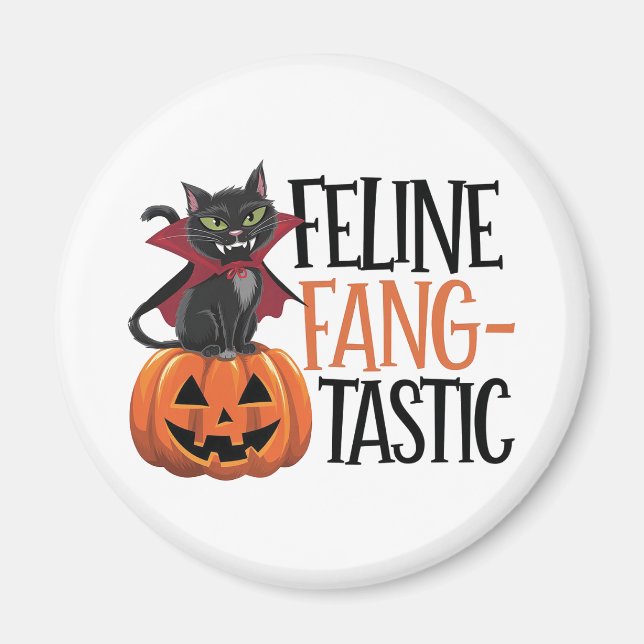 Feline Fang-tastic Halloween Vampire Cat Design Magnet (Front)