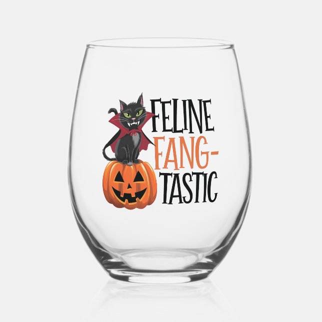 Feline Fang-tastic Halloween Vampire Cat Design Stemless Wine Glass (Front)