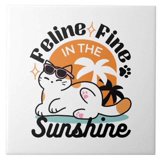 Feline Fine in the Sunshine – Relaxed Tropical Cat Ceramic Tile (Front)