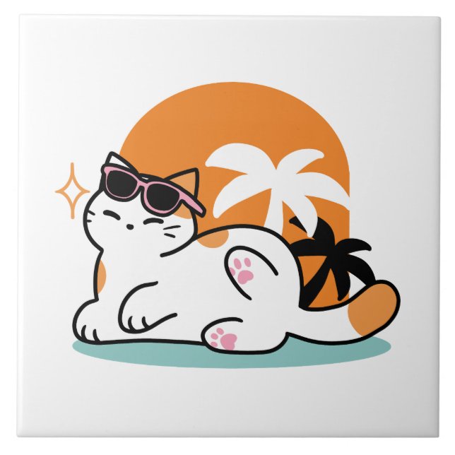 Feline Fine in the Sunshine – Relaxed Tropical Cat Ceramic Tile (Front)