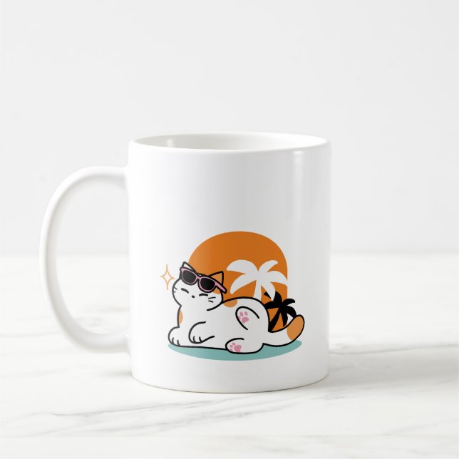 Feline Fine in the Sunshine – Relaxed Tropical Cat Coffee Mug (Left)