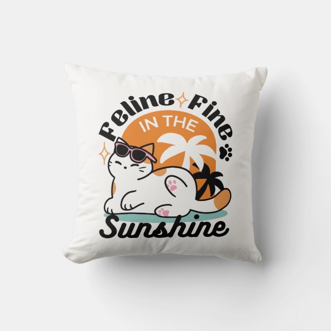 Feline Fine in the Sunshine – Relaxed Tropical Cat Cushion (Front)
