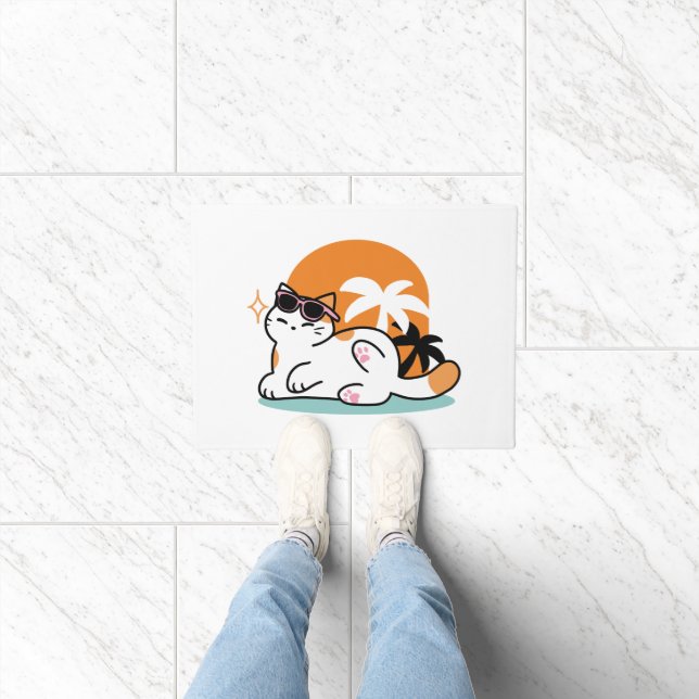 Feline Fine in the Sunshine – Relaxed Tropical Cat Doormat (Indoor)