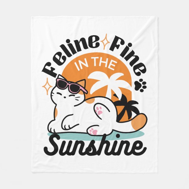 Feline Fine in the Sunshine – Relaxed Tropical Cat Fleece Blanket (Front)