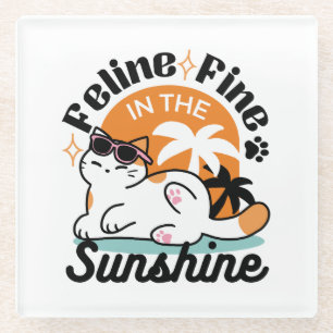Feline Fine in the Sunshine – Relaxed Tropical Cat Glass Coaster