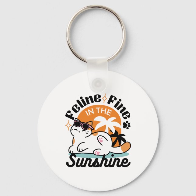 Feline Fine in the Sunshine – Relaxed Tropical Cat Key Ring (Front)