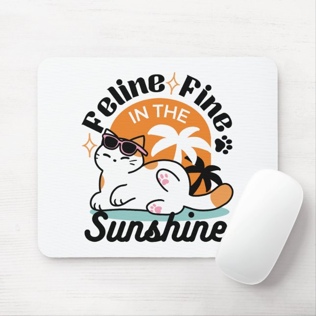 Feline Fine in the Sunshine – Relaxed Tropical Cat Mouse Pad (With Mouse)