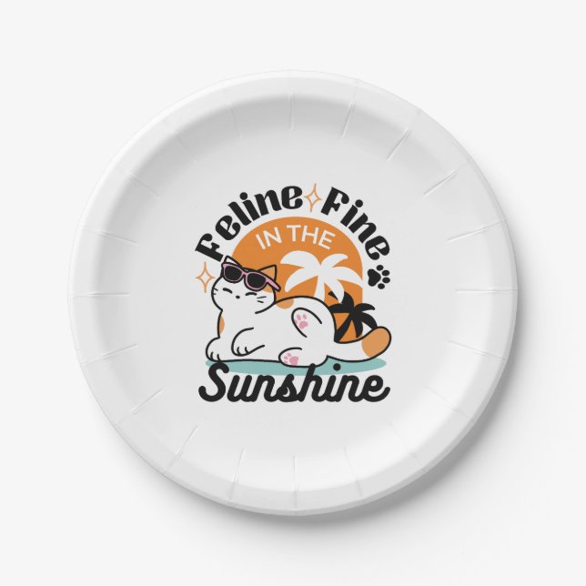 Feline Fine in the Sunshine – Relaxed Tropical Cat Paper Plate (Front)