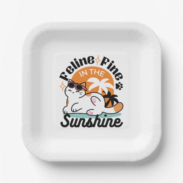 Feline Fine in the Sunshine – Relaxed Tropical Cat Paper Plate (Front)