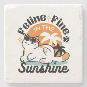 Feline Fine in the Sunshine – Relaxed Tropical Cat Stone Coaster