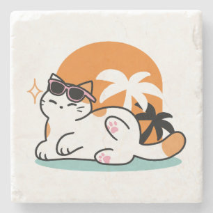 Feline Fine in the Sunshine – Relaxed Tropical Cat Stone Coaster