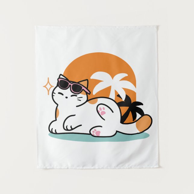 Feline Fine in the Sunshine – Relaxed Tropical Cat Tapestry (Front)