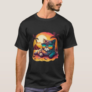 Feline Fine on Vacation Cute Cat Lying on the Beac T-Shirt