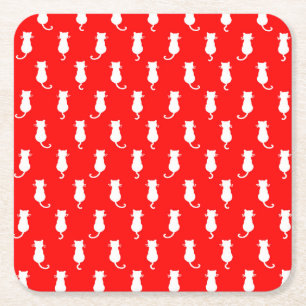 Feline Fun Forever Whimsical Cats White Cat Motif  Square Paper Coaster