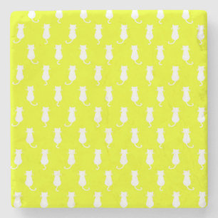 Feline Fun Forever Whimsical Cats White Cat Yello Stone Coaster