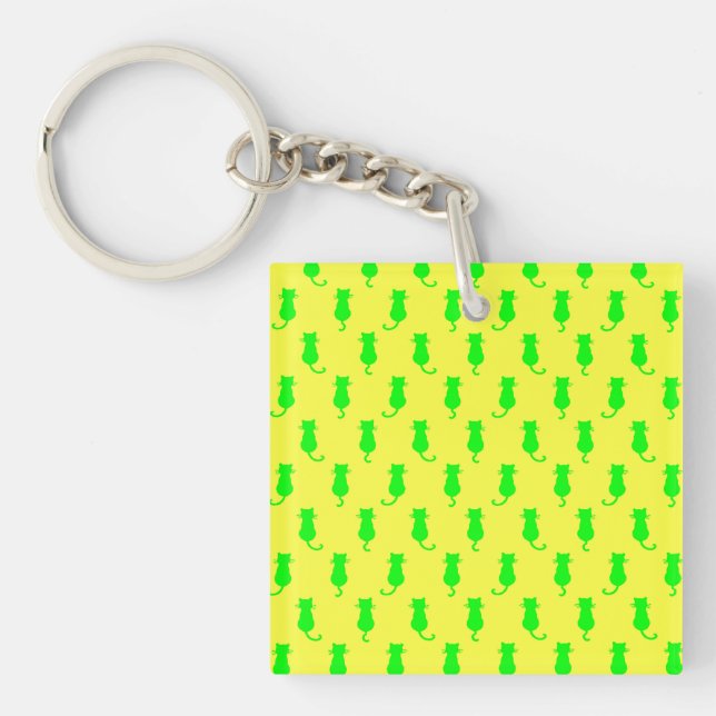 Feline Fun Forever Whimsical Green Cats Yellow Key Ring (Front)