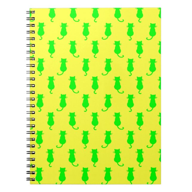 Feline Fun Forever Whimsical Green Cats Yellow Notebook (Front)