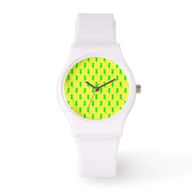 Feline Fun Forever Whimsical Green Cats Yellow Watch (Front)