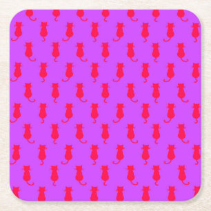 Feline Fun Forever Whimsical Red Cats Lilac Square Paper Coaster