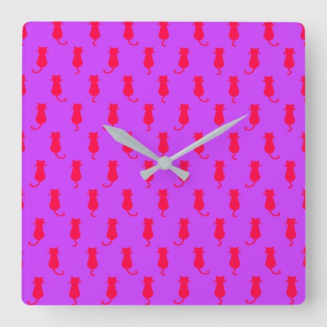  Feline Fun Forever Whimsical Red Cats Lilac Square Wall Clock (Front)