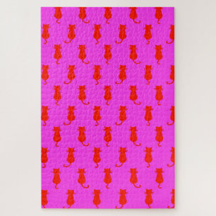 Feline Fun Forever Whimsical Red Cats Pink Jigsaw Puzzle