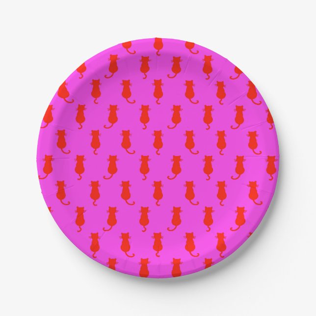 Feline Fun Forever Whimsical Red Cats Pink Paper Plate (Front)