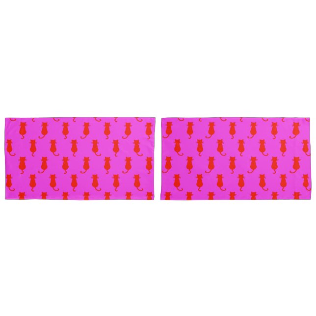 Feline Fun Forever Whimsical Red Cats Pink Pillowcase (Front-Set)