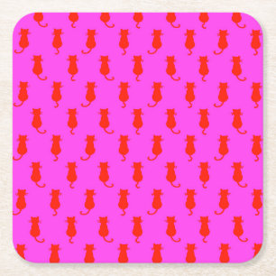 Feline Fun Forever Whimsical Red Cats Pink Square Paper Coaster