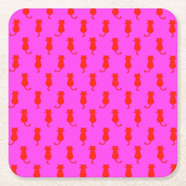 Feline Fun Forever Whimsical Red Cats Pink Square Paper Coaster (Front)
