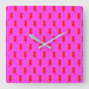 Feline Fun Forever Whimsical Red Cats Pink Square Wall Clock