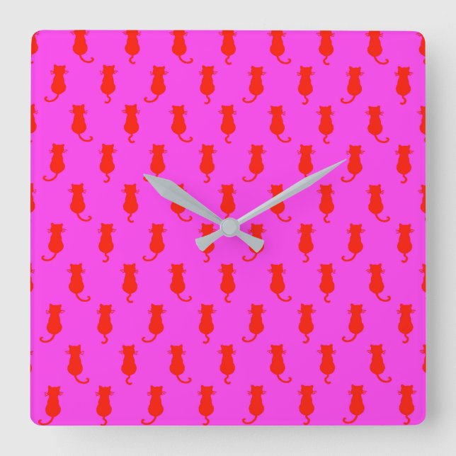 Feline Fun Forever Whimsical Red Cats Pink Square Wall Clock (Front)