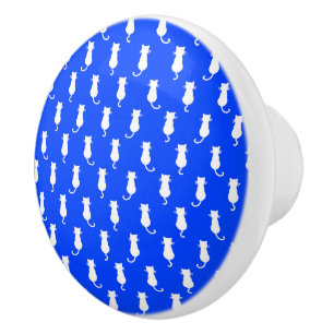 Feline Fun Forever Whimsical White Cats Blue Ceramic Knob