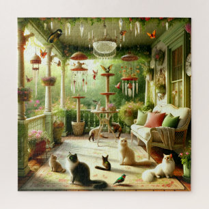 Feline Garden Cats on Sunlit Veranda Jigsaw Puzzle