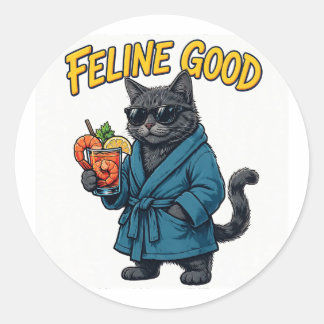 Feline Good — Cat in Bathrobe with Shrimp Cocktail Classic Round Sticker