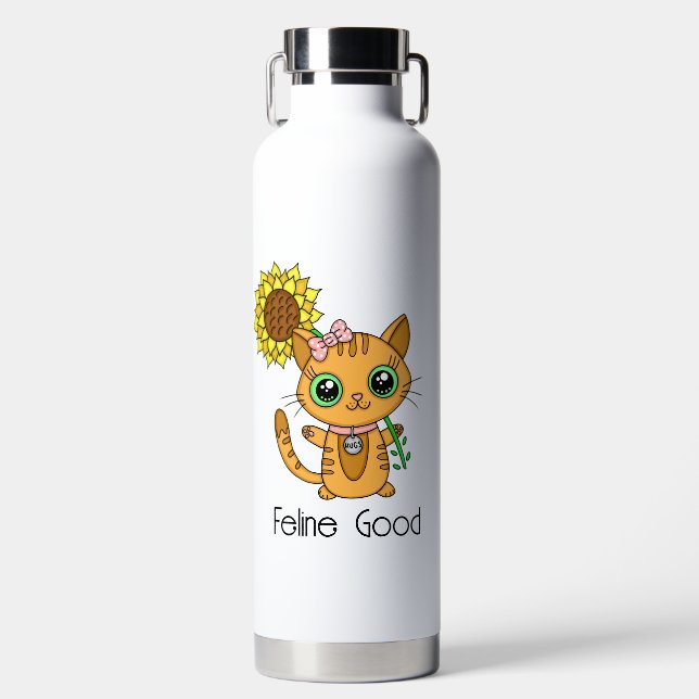Feline Good | Cute Cartoon Kitty Cat Pun Water Bottle (Front)