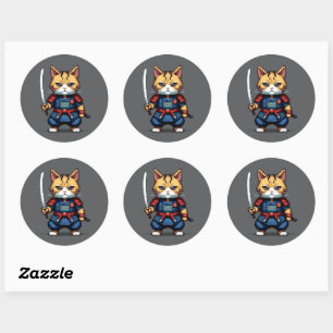 Feline Samurai Warrior Classic Round Sticker