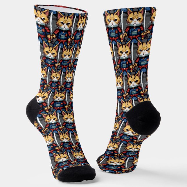 Feline Samurai Warrior Socks (Angled)
