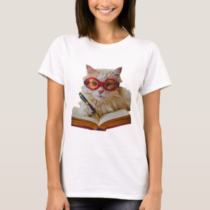Feline Scholar: Cat with Pen and Open Book T-Shirt