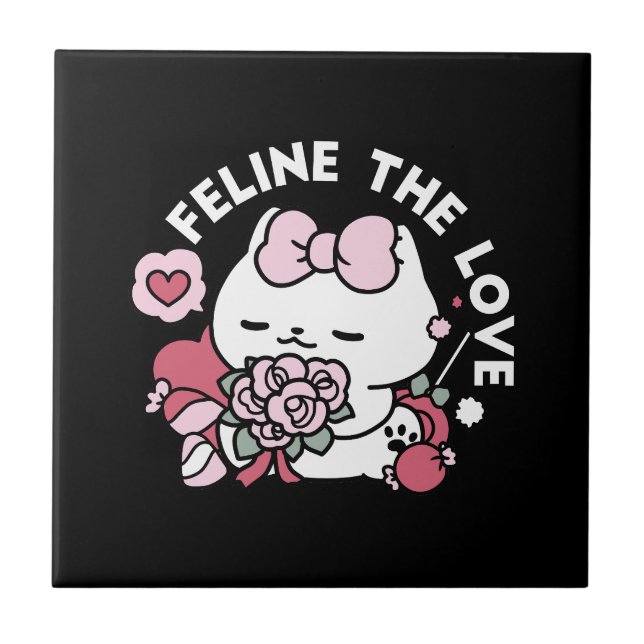 Feline the Love - Cute Valentine’s Cat Design Ceramic Tile (Front)