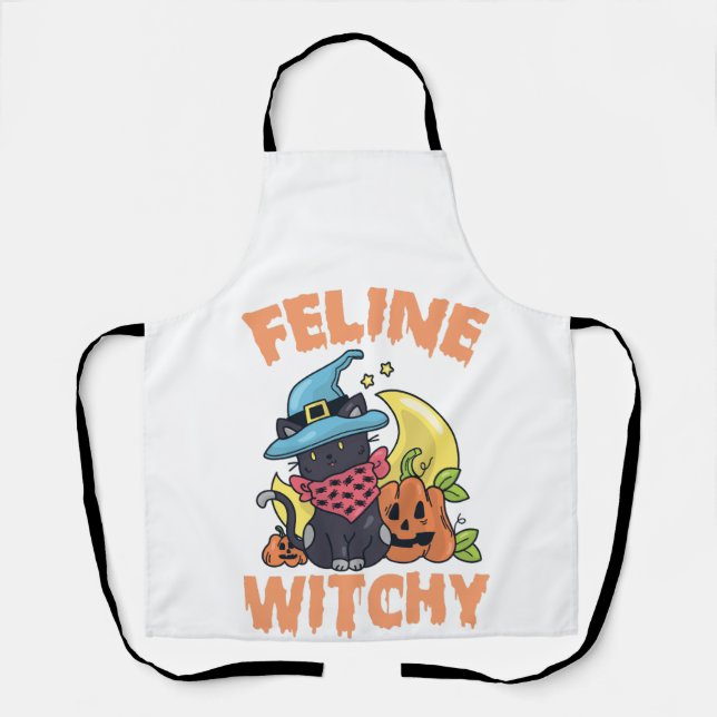 Feline Witchy Funny Spooky Halloween Cat Kitten Apron (Front)
