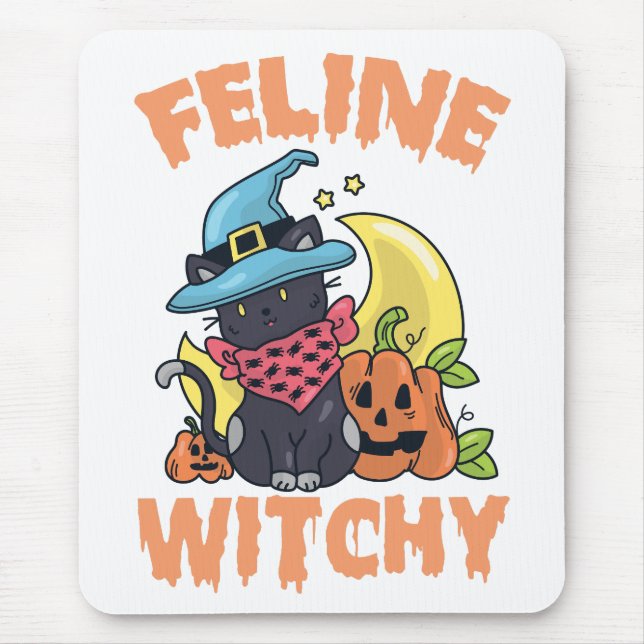 Feline Witchy Funny Spooky Halloween Cat Kitten Mouse Pad (Front)