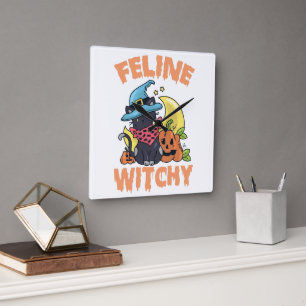 Feline Witchy Funny Spooky Halloween Cat Kitten Square Wall Clock
