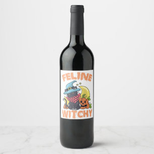 Feline Witchy Funny Spooky Halloween Cat Kitten Wine Label