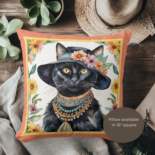 Feline with Floral Hat 16 inch Throw Pillow (Creator Uploaded)