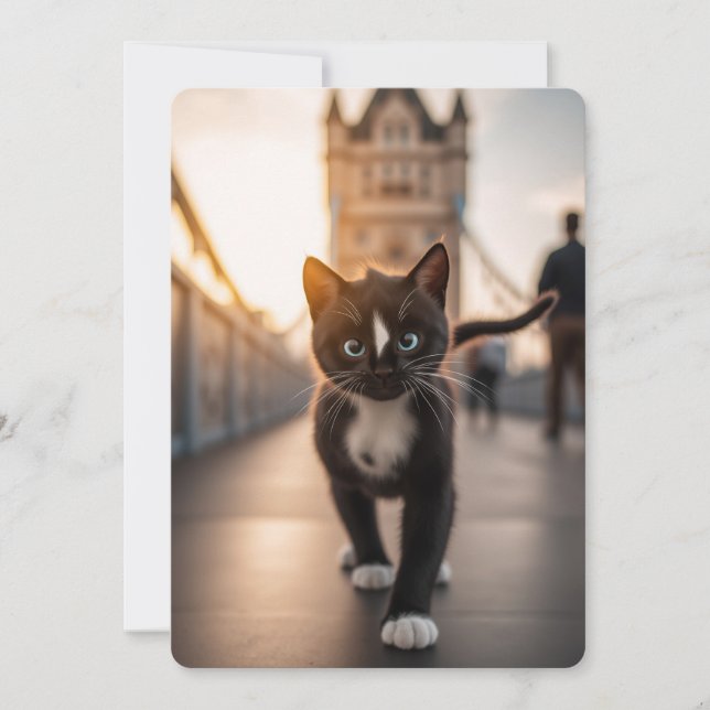 Felini Strolling Over Tower Bridge: A London Tail Holiday Card (Front)