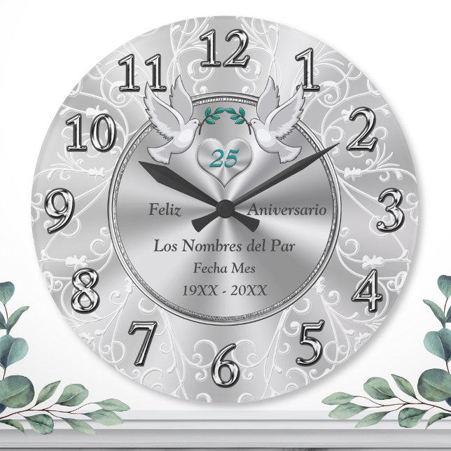 Feliz 25 Aniversario Reloj Large Clock (Bodas de Plata. Feliz 25 Anniversio. 25 Aniversario de Bodas ¡Felices bodas de plata! Reloj de plata)