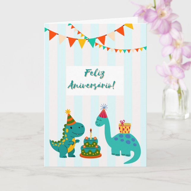  Feliz Aniversário Cartão Dinossauro Portuguese Card (Orchid)