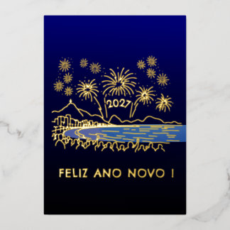 Feliz Ano Novo 2027 Copacabana Fireworks Foil Holiday Card